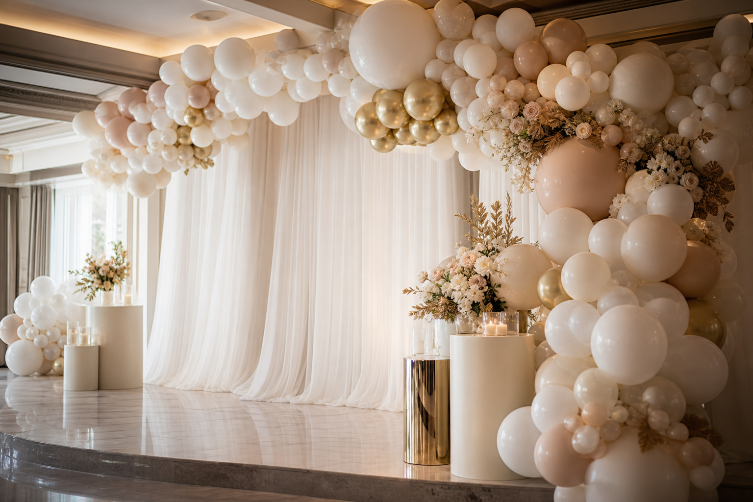 Ivory and champagne balloon installation